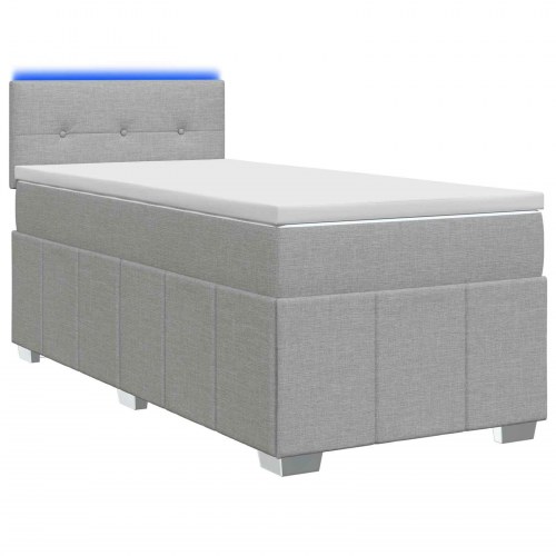 Boxmadras seng 90 x 200 cm med topmadras, hovedgærde og LED - lysegrå stof