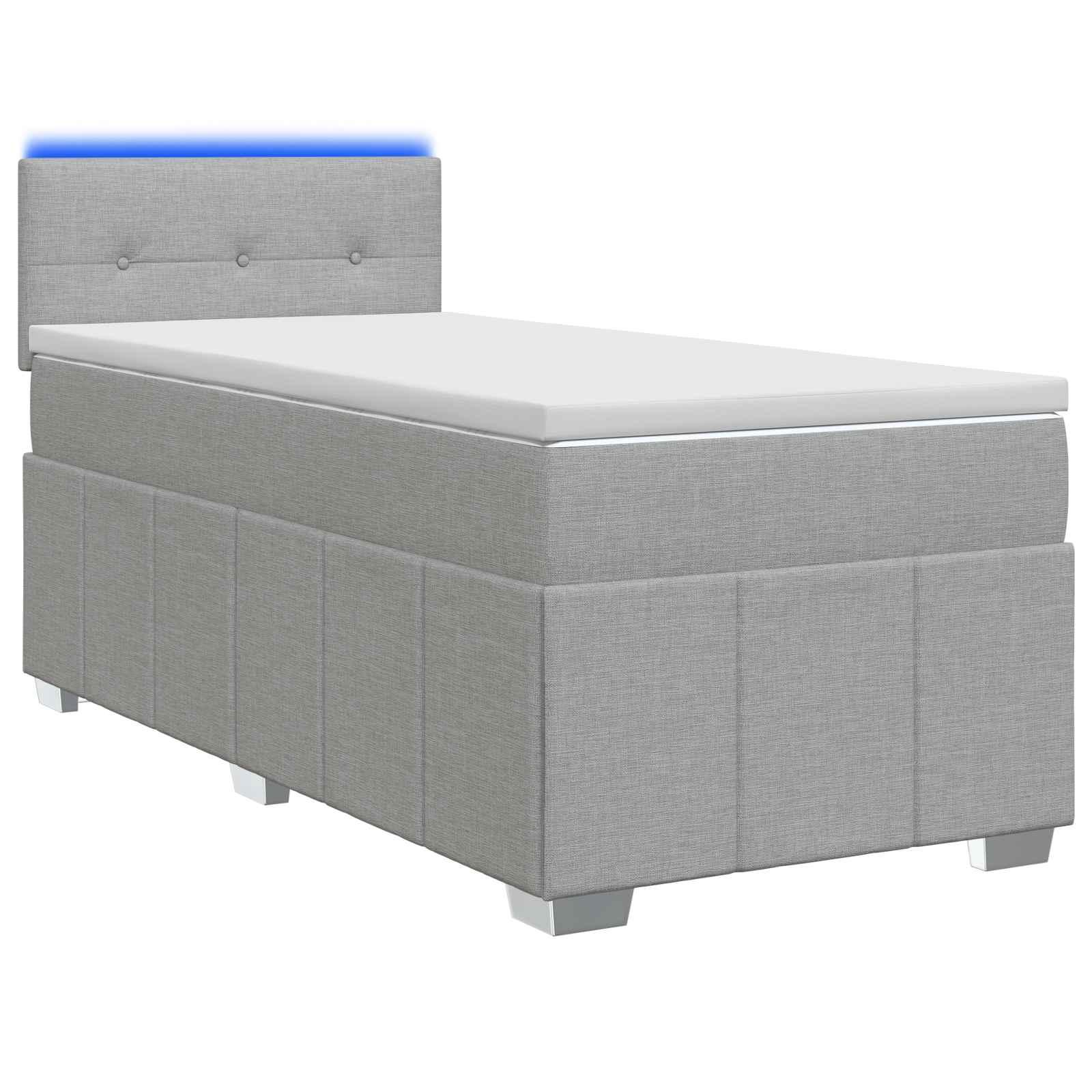 Boxmadras seng 90 x 200 cm med topmadras, hovedgærde og LED - lysegrå stof billede