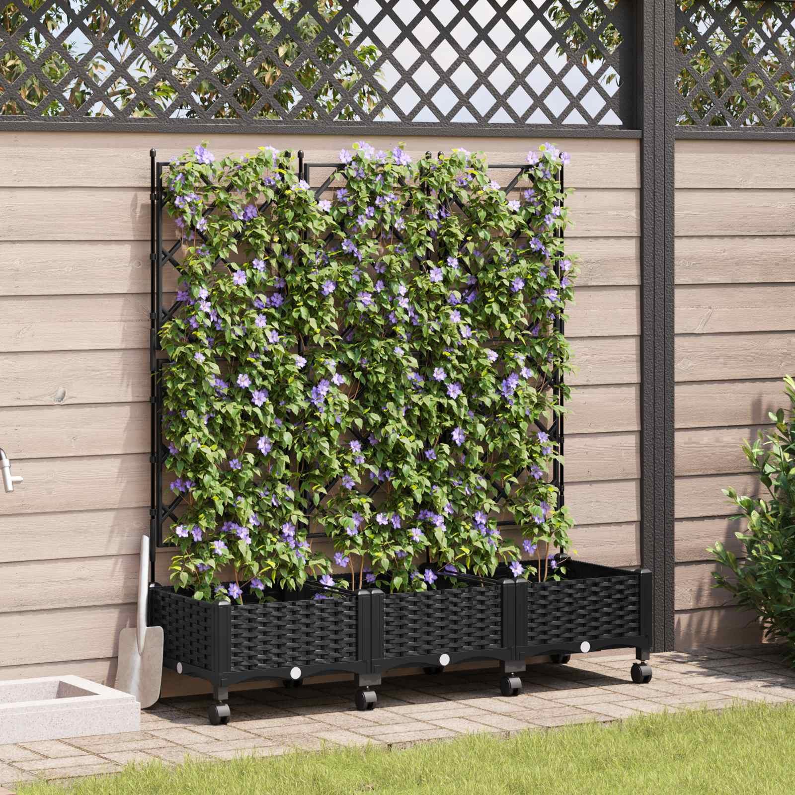 Plantekasse med espalier og hjul 3 stk. sort PP billede