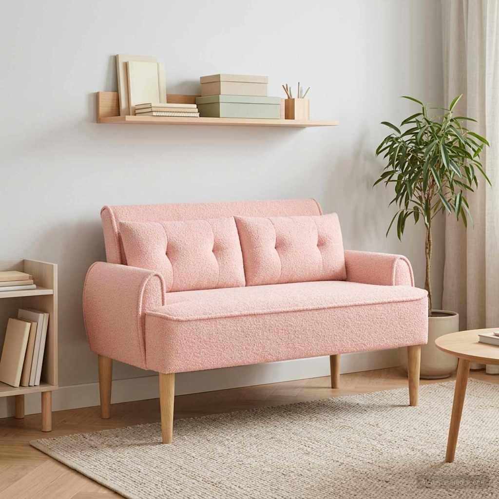 Loveseat bænk med knap-tufting i bouclé - lyserød 117 x 67 x 77 cm billede