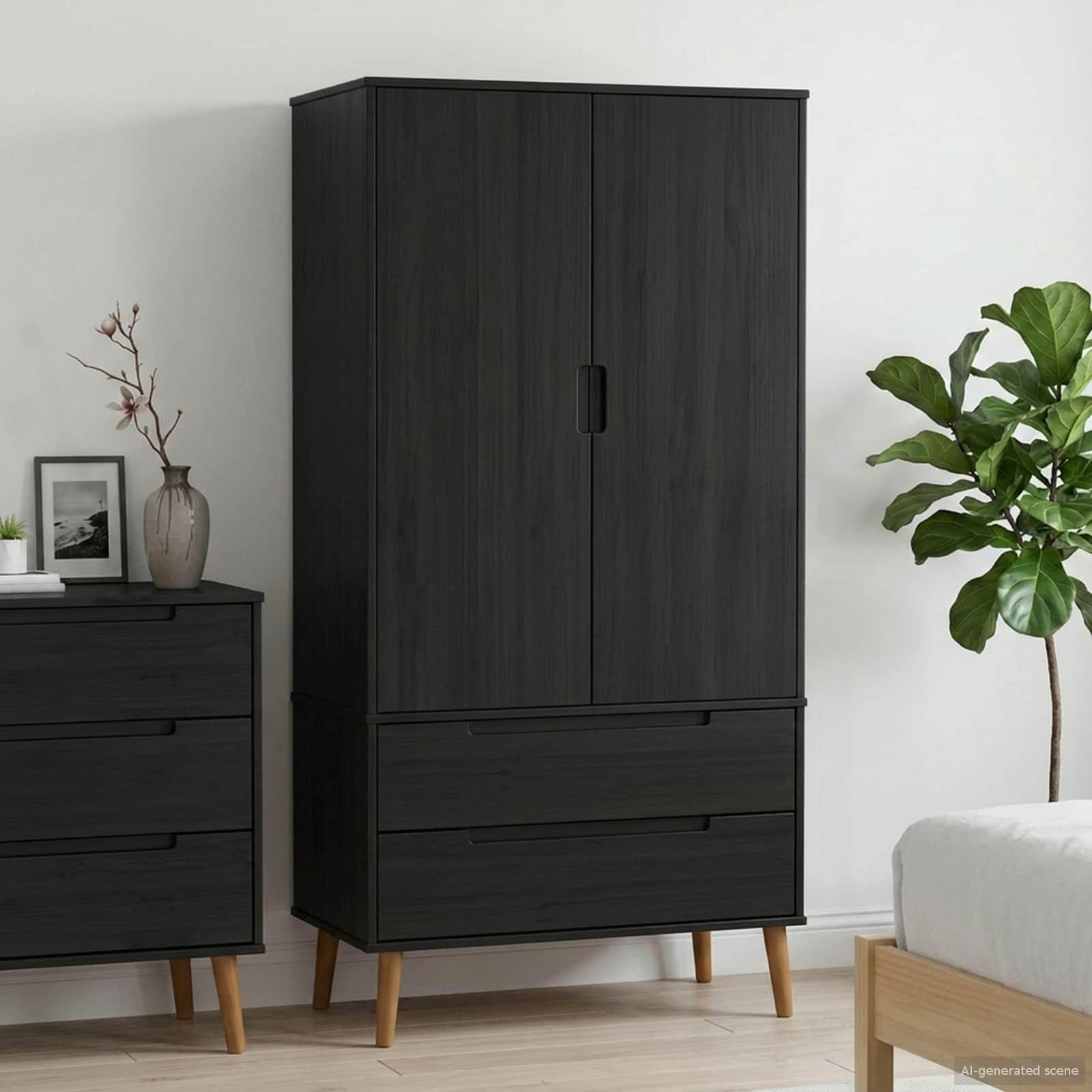 Garderobeskab MOLDE sort 90 x 55 x 175 cm i massivt fyrretræ billede