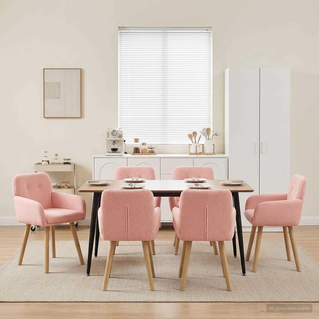 Spisestole 6 stk i bouclé med armlæn - lyserød 59 x 57 x 85 cm billede