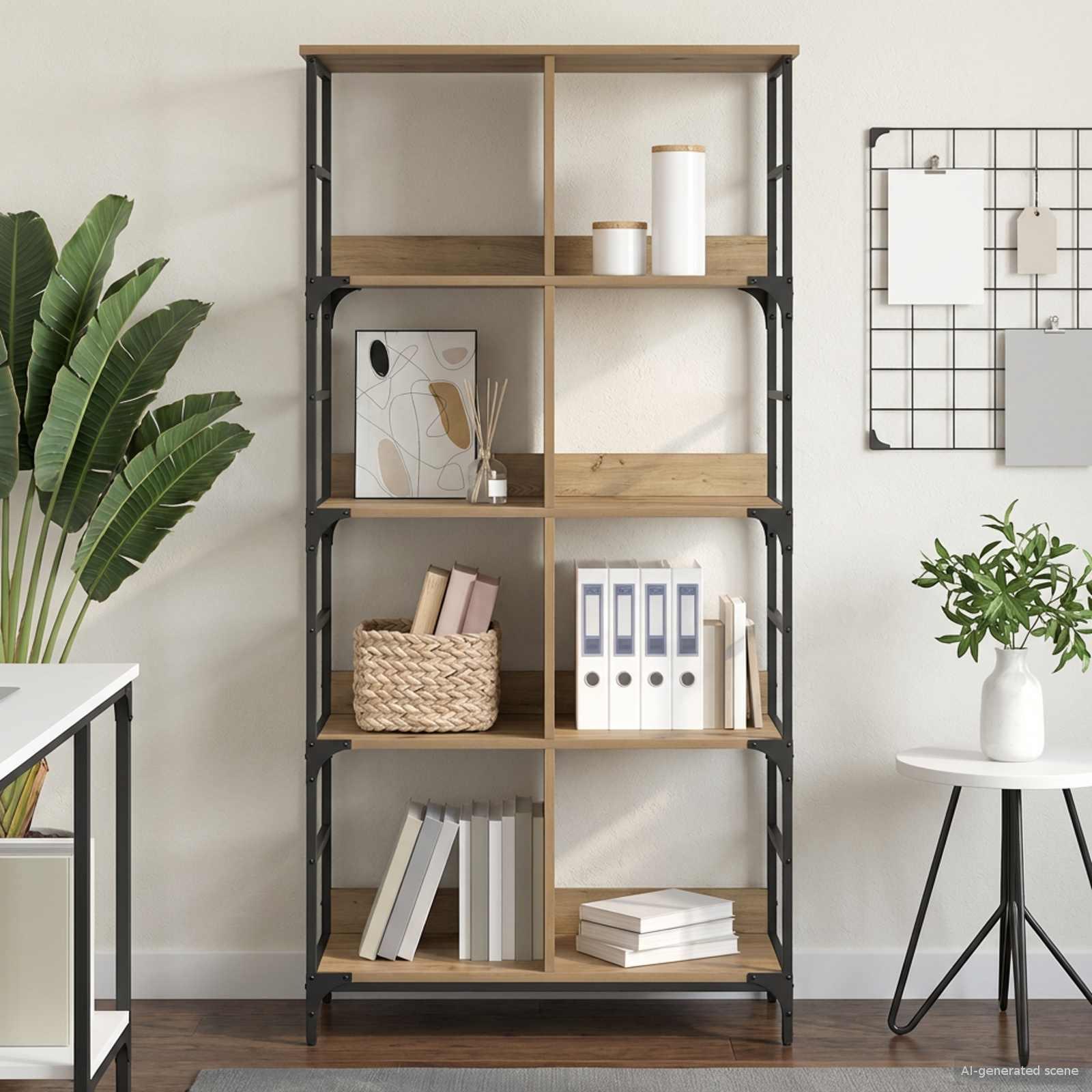 Bogreol med 4 hylder 78,5 x 33 x 153 cm i metal og PB artisan-eg billede