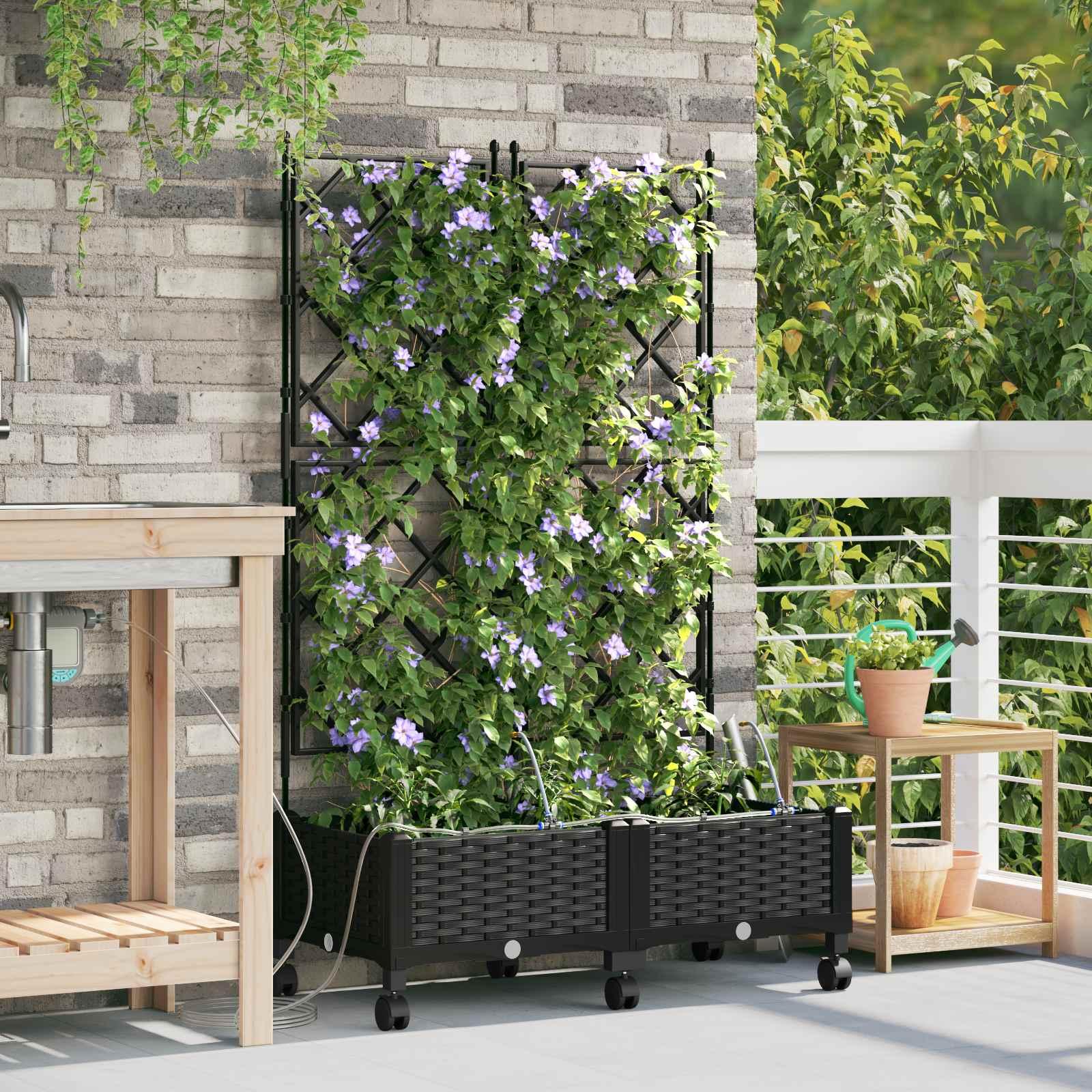 Havekrukke med vanding og hjul 2 stk. sort 80 x 40 x 132 cm med espalier billede