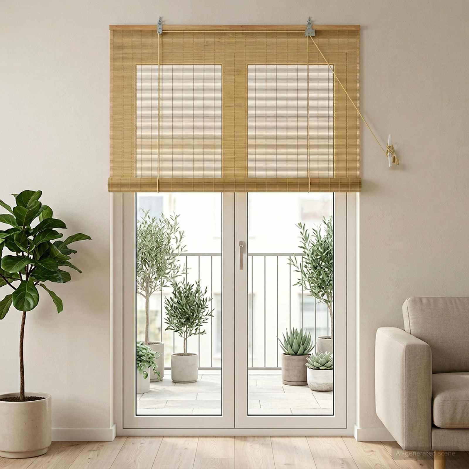 Rullegardin i bambus naturfarvet 100 x 220 cm billede