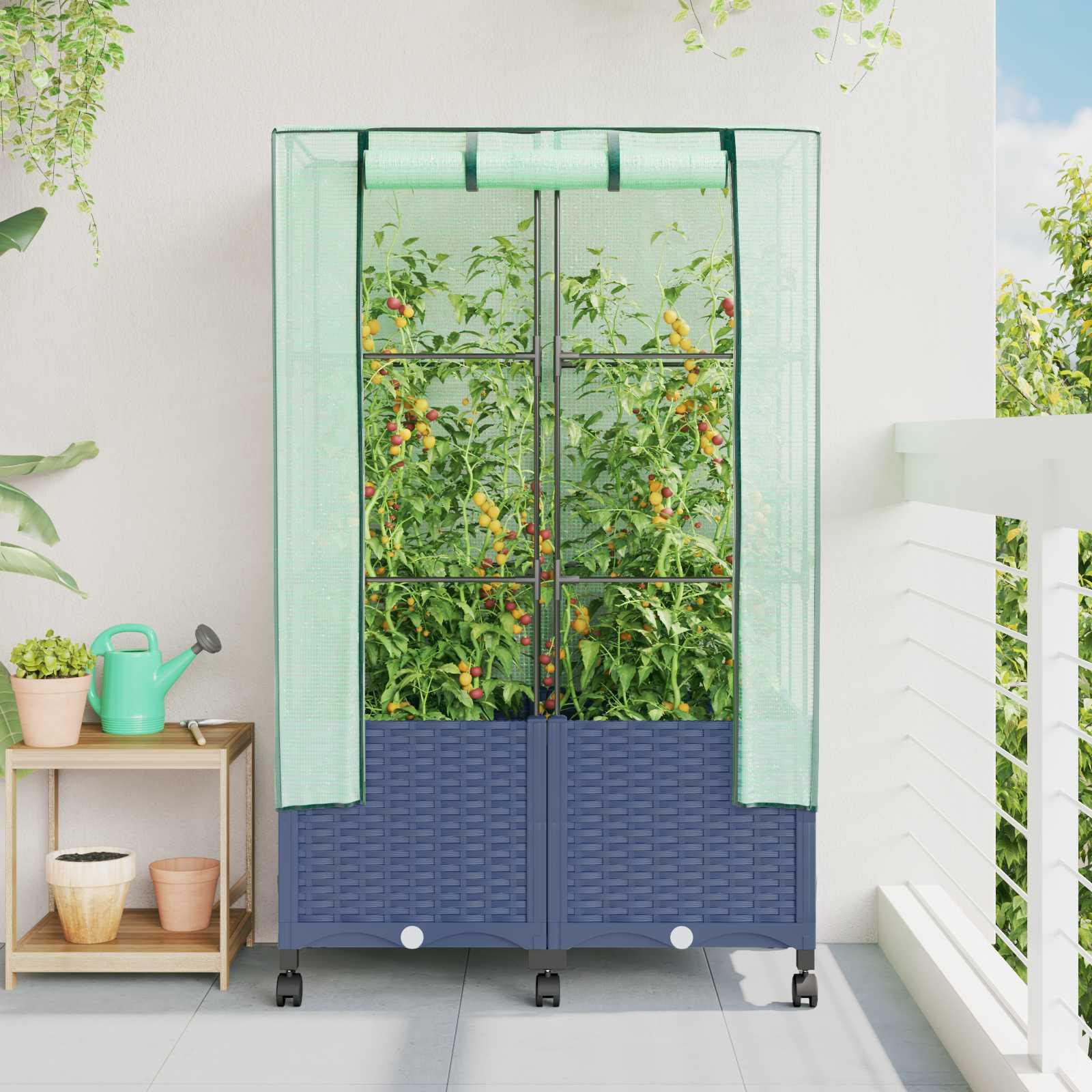 Haveplantekasse med drivhusdække og hjul 2 stk. blå grå PP 80 x 40 x 144 cm billede
