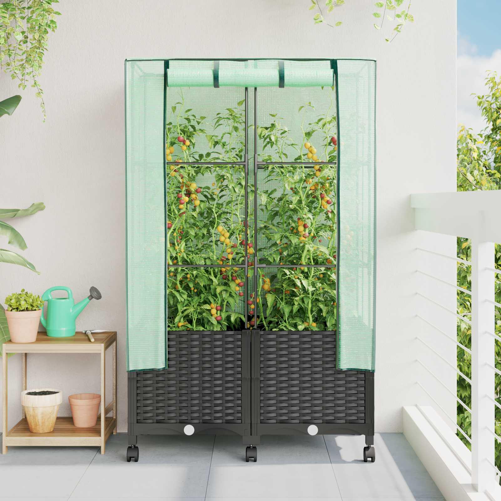 Haveplantekasse med drivhusdække og hjul 2 stk. sort PP 80 x 40 x 144 cm billede