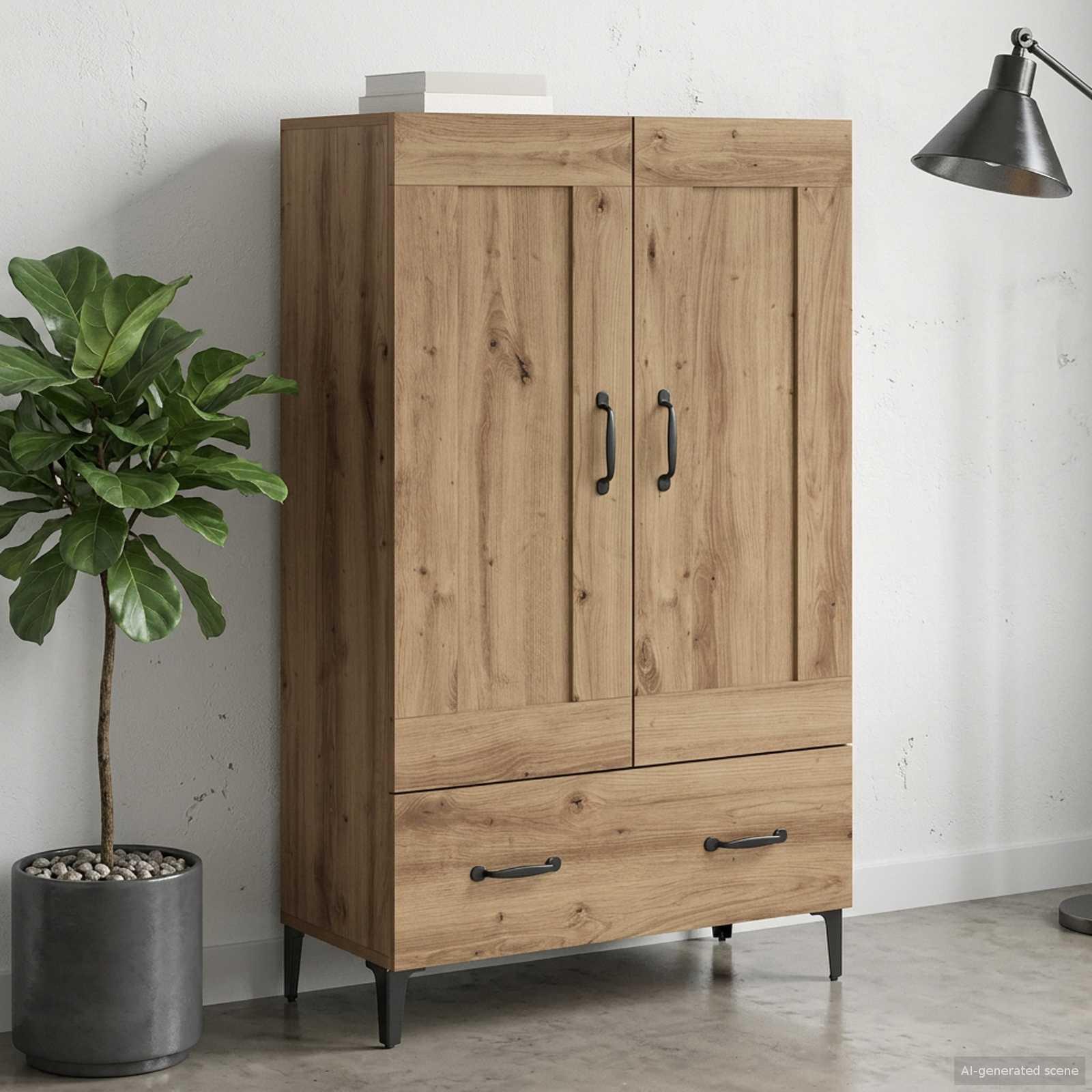 Highboard i artisan-eg 70 x 31 x 115 cm med 2 døre og 1 skuffe billede