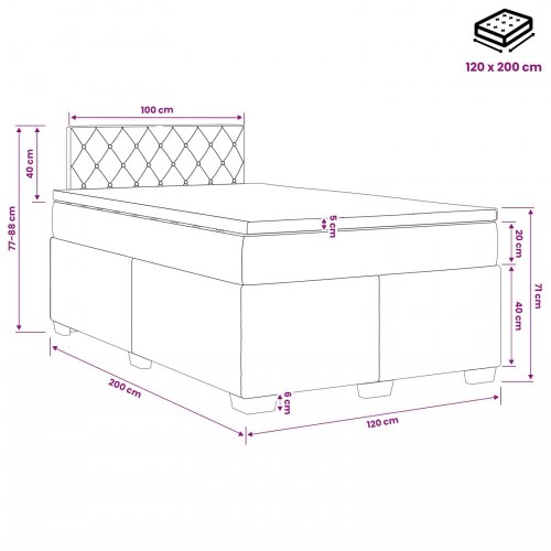 Boxmadras med topmadras og hovedgærde i fløjl - sort 120 x 200 cm