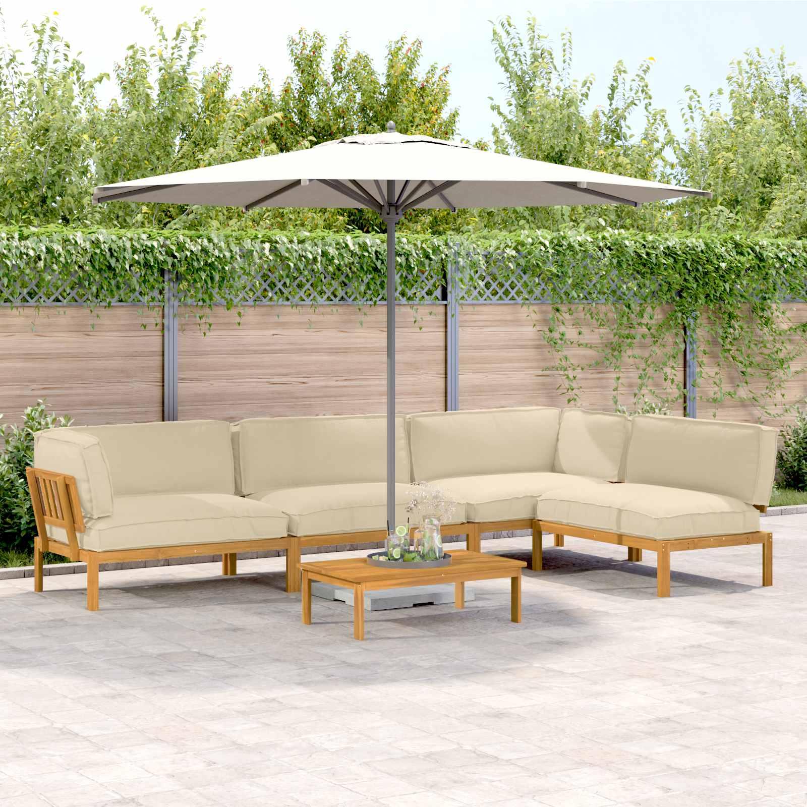 Lounge sofa sæt til haven 5 dele med puder i massivt akacietræ - beige