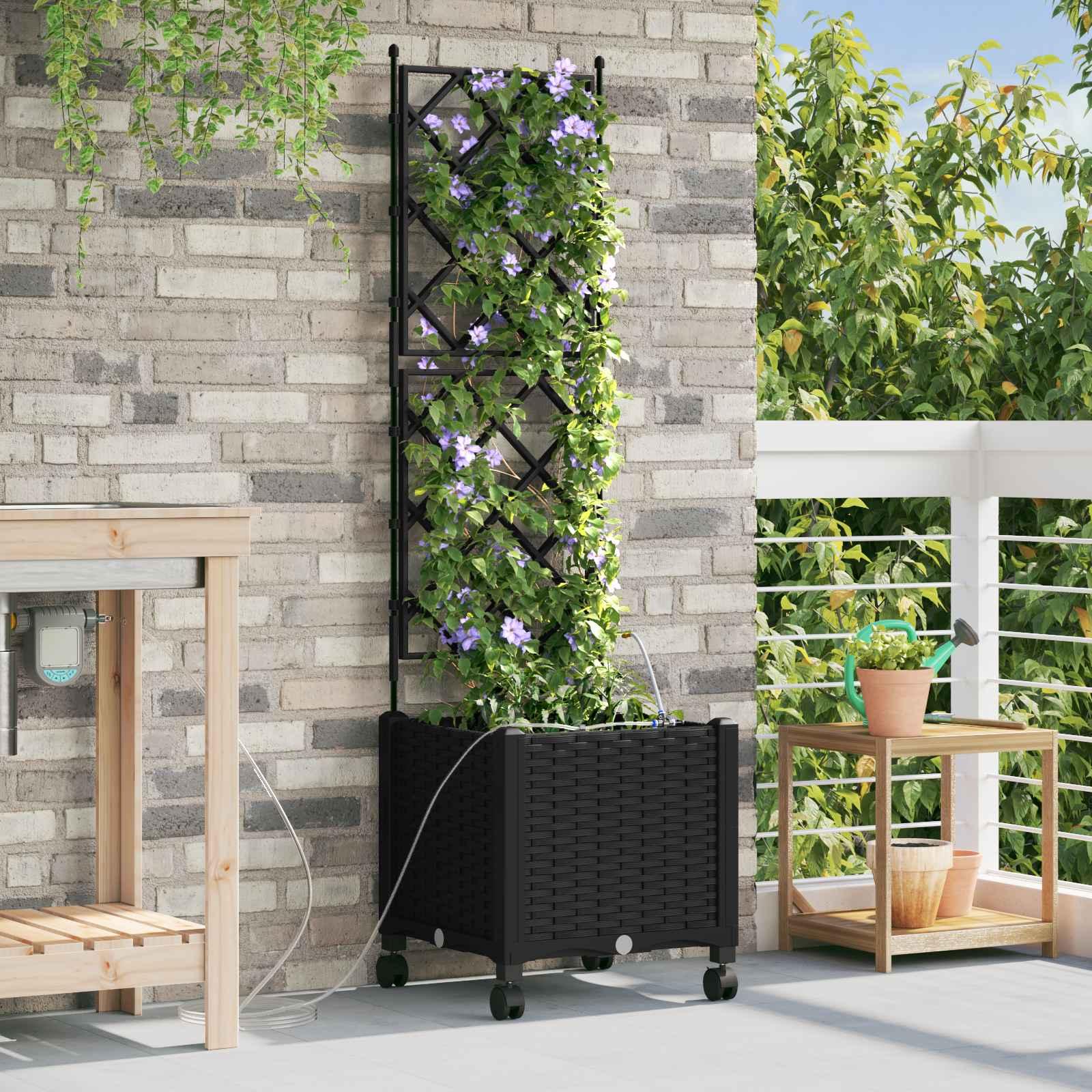 Havekrukke med vanding, hjul og espalier 40 x 40 x 148 cm sort billede