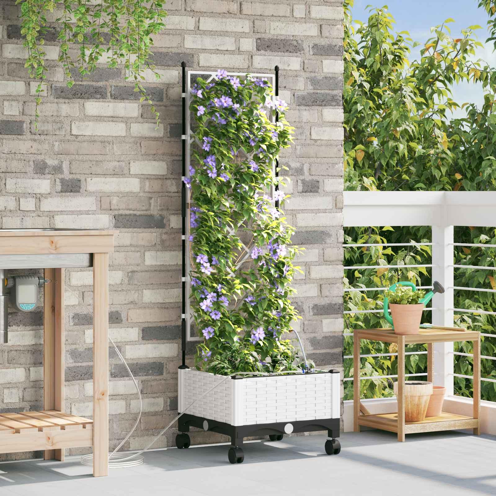 Havekrukke med vanding, espalier og hjul 40 x 40 x 132 cm hvid billede