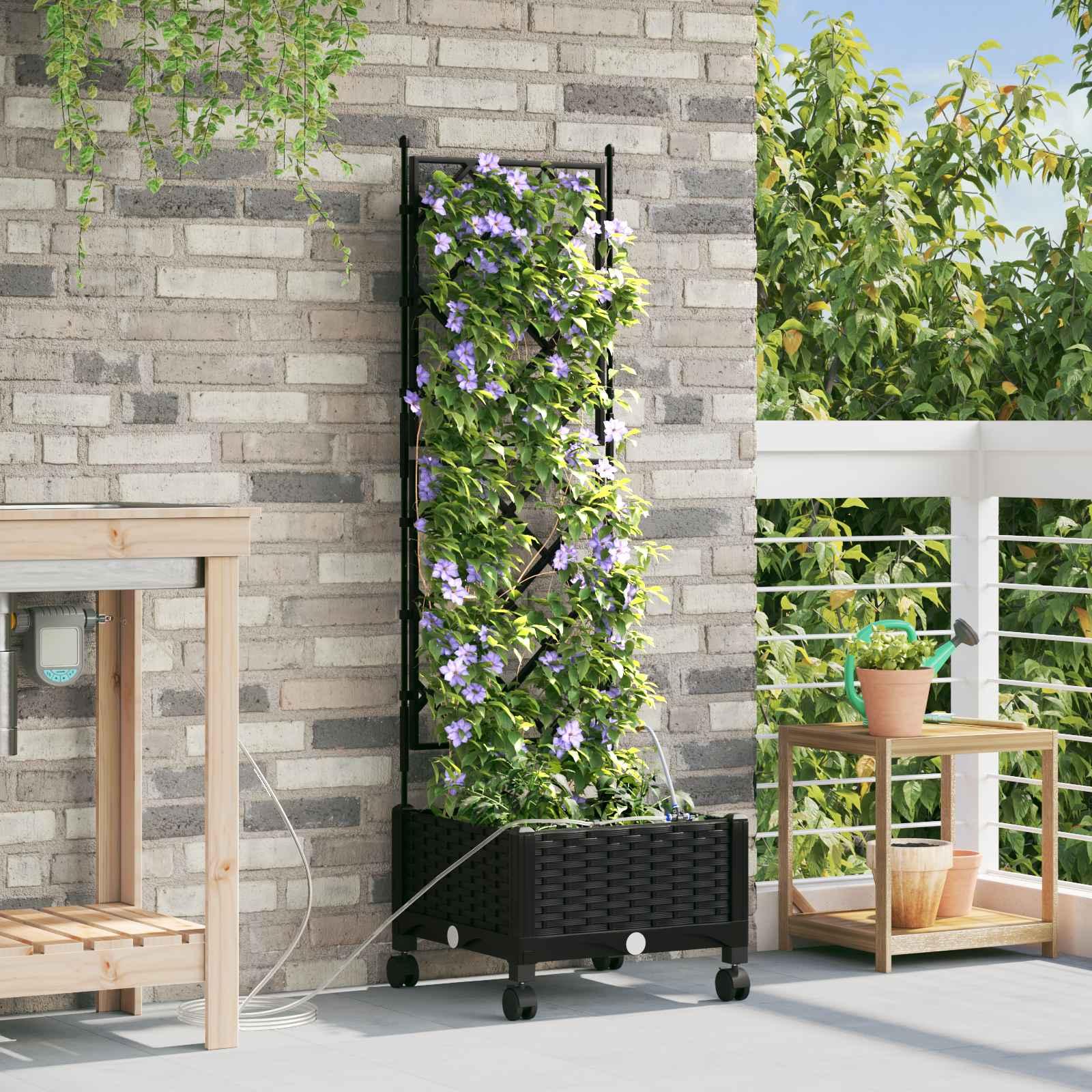 Havekrukke med vanding og hjul sort 40 x 40 x 132 cm med espalier billede