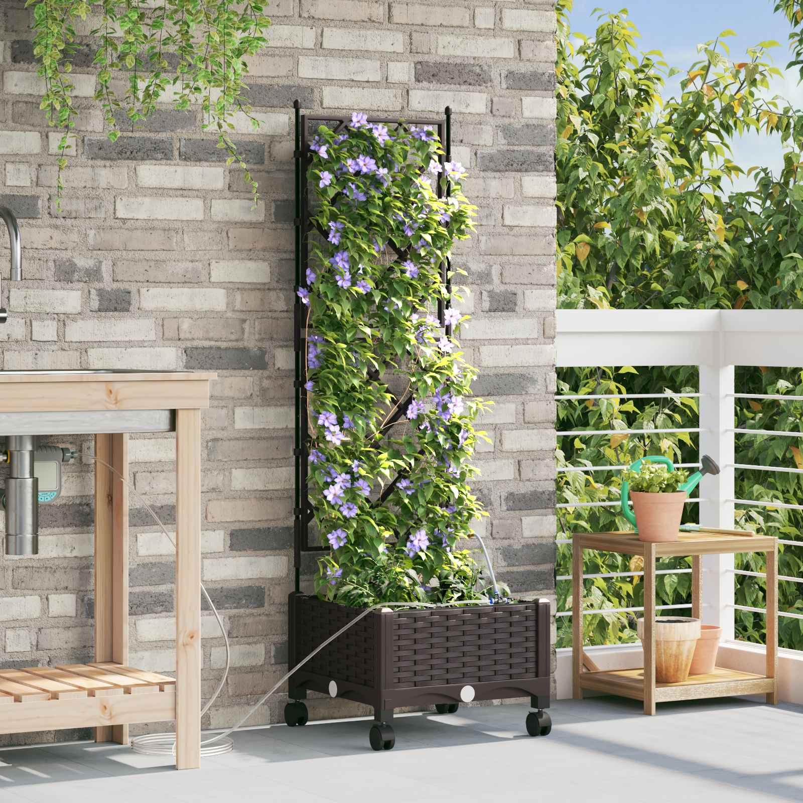 Havekrukke med vanding og hjul brun 40 x 40 x 132 cm med espalier billede