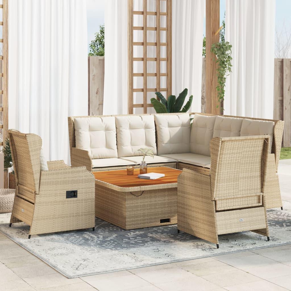 Loungesæt til haven 6 dele med hynder i polyrattan beige billede