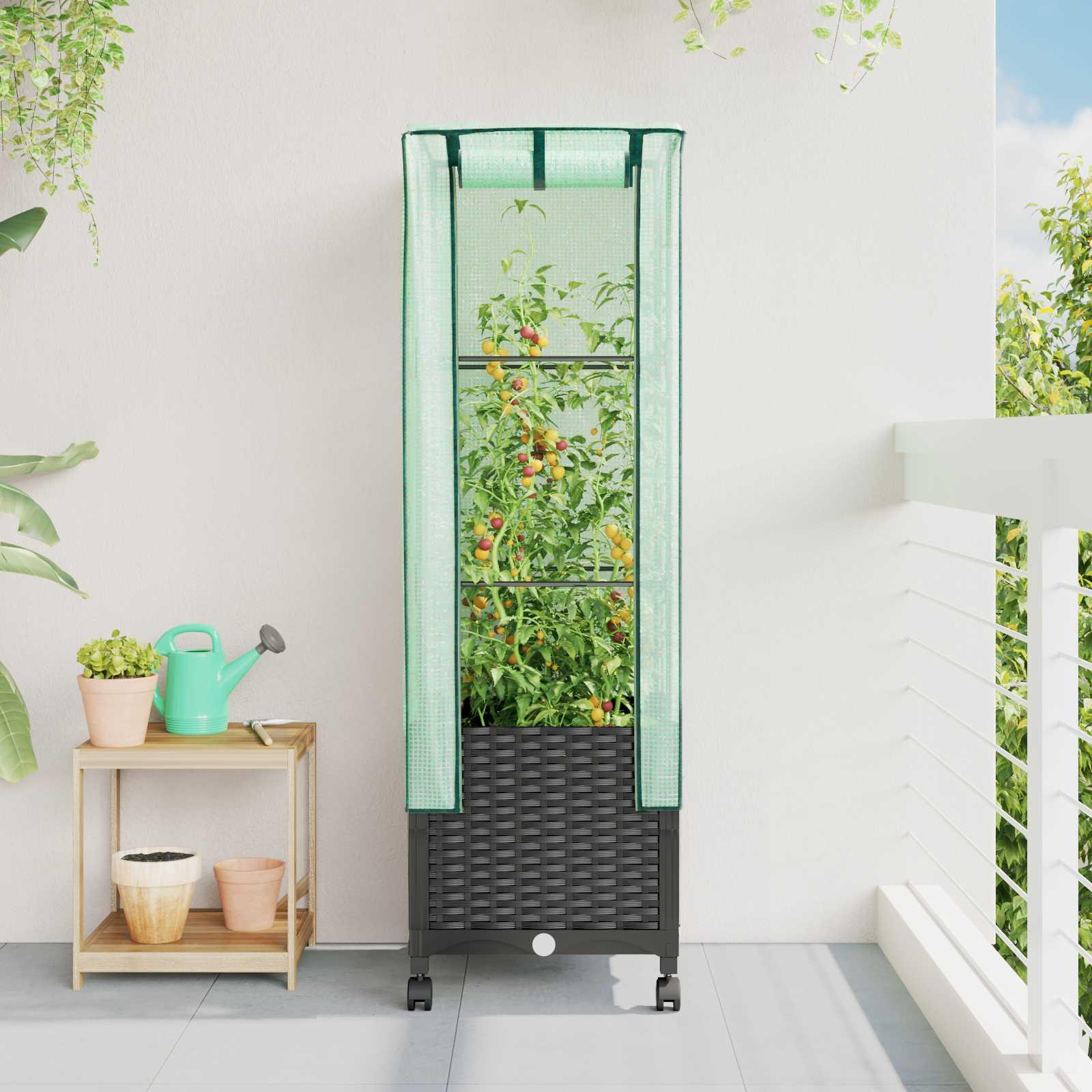 Haveplantekasse med drivhusdække og hjul sort 40 x 40 x 145 cm billede
