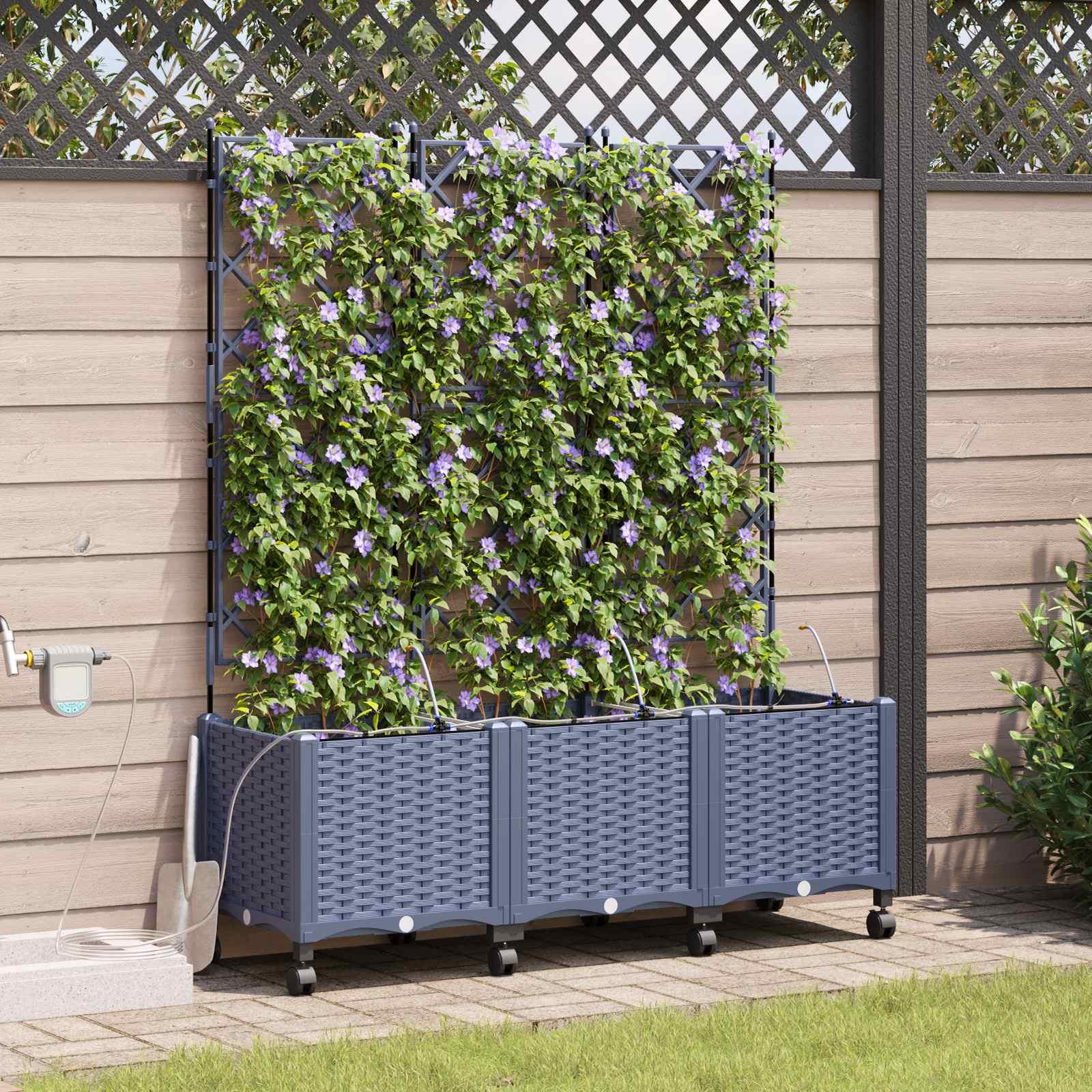Havekrukke med vanding, espalier og hjul 3 stk. grå 120 x 40 x 148 cm PP billede