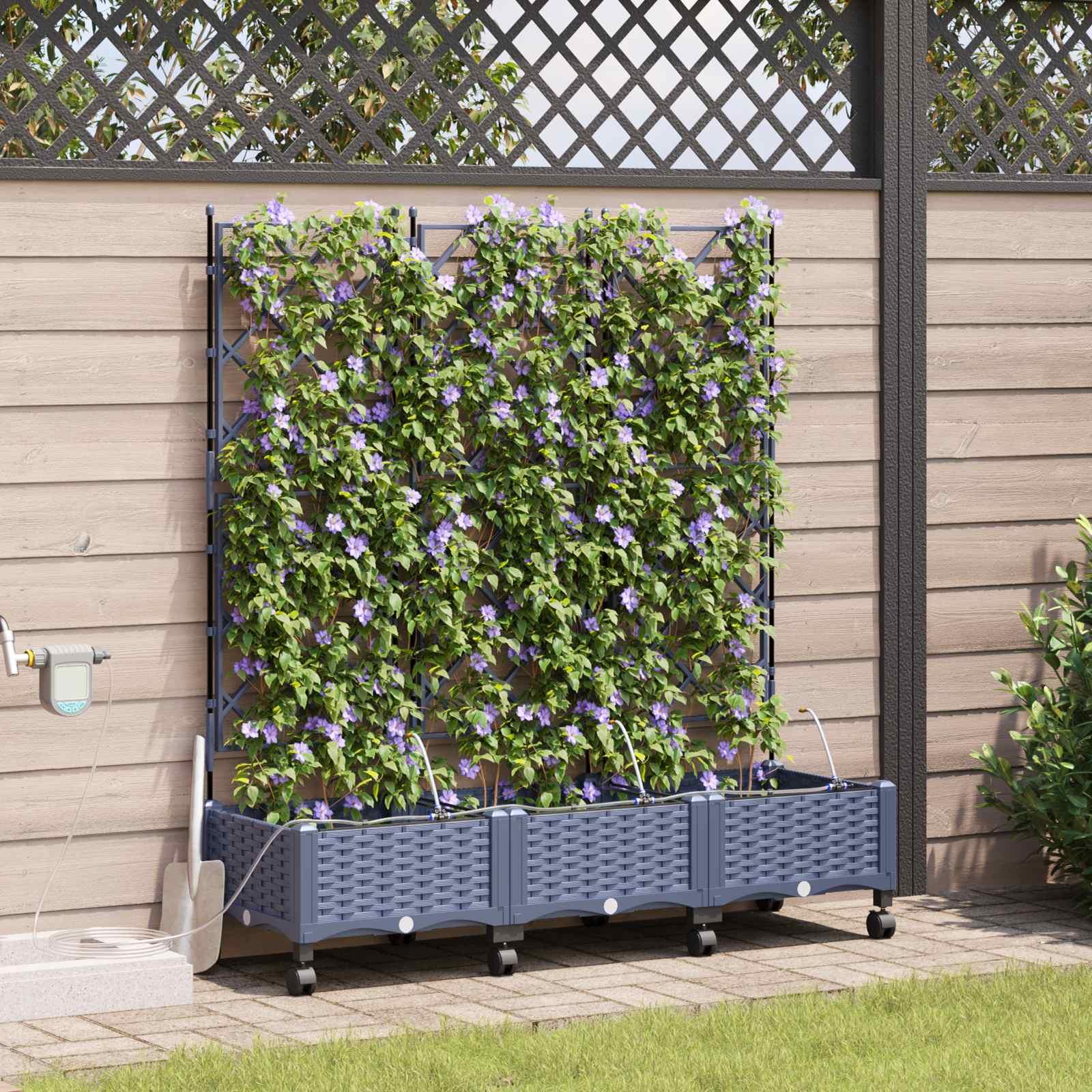 Havekrukke med vanding og hjul 3 stk. grå 120 x 40 x 132 cm plantekasse med espalier billede