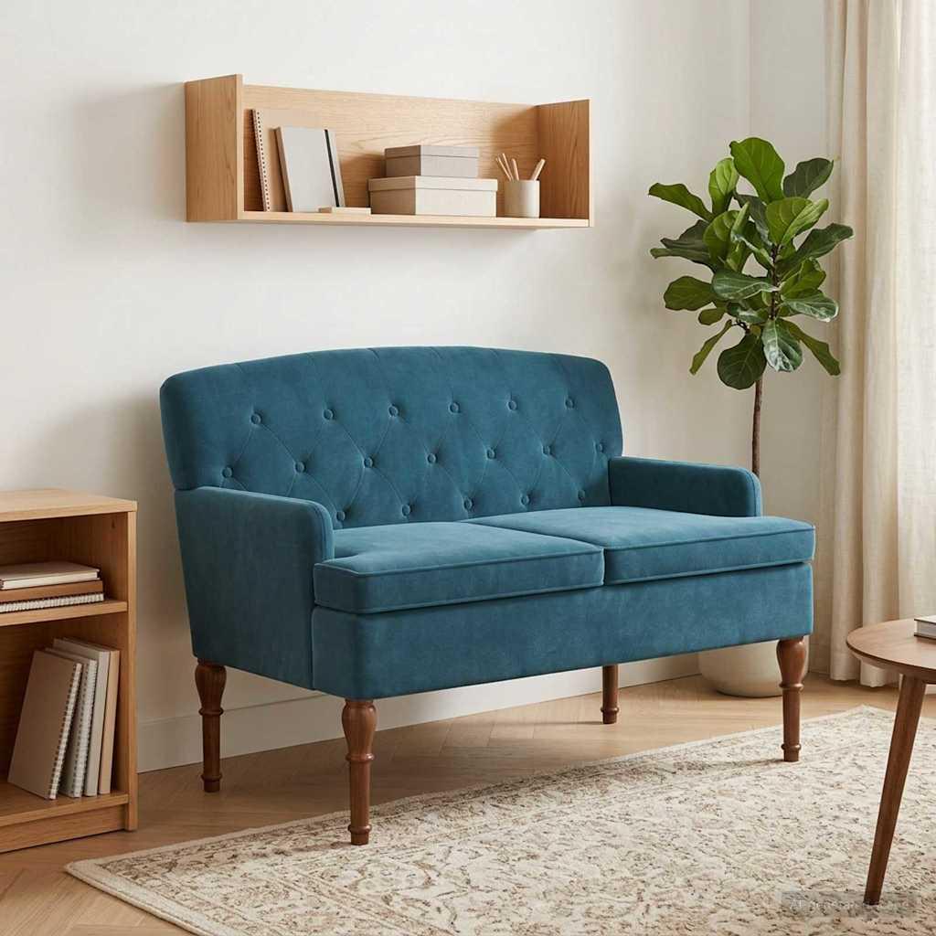 2-personers bænk i fløjl med knap tufting - blå 111 x 65 x 79 cm billede