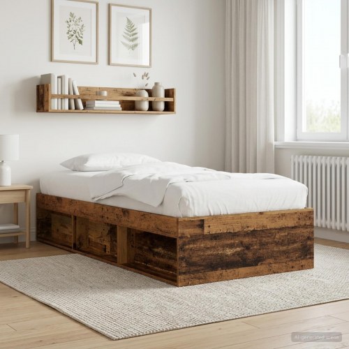 Sengestel med opbevaring og hylde i gammelt træ 80 x 200 cm