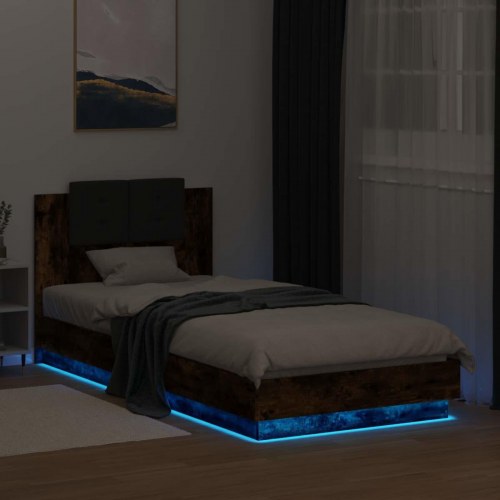 Sengestel med hovedgærde og LED - røget eg