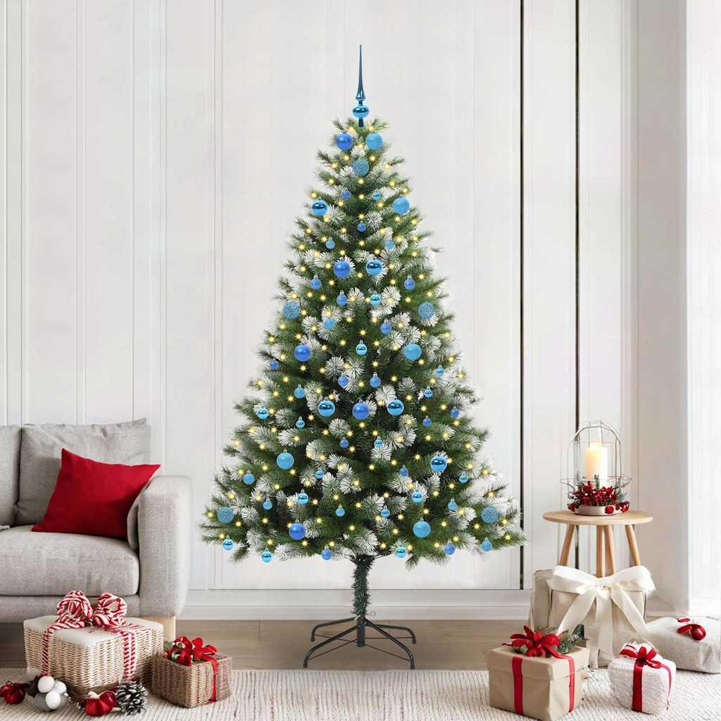 Kunstigt hængslet juletræ med flocked sne og LED-lys 210 cm grøn og hvid billede