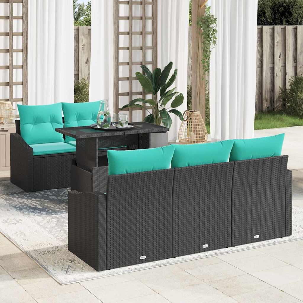 Havesofa sæt 6 dele med puder og bord i sort og blå polyrattan