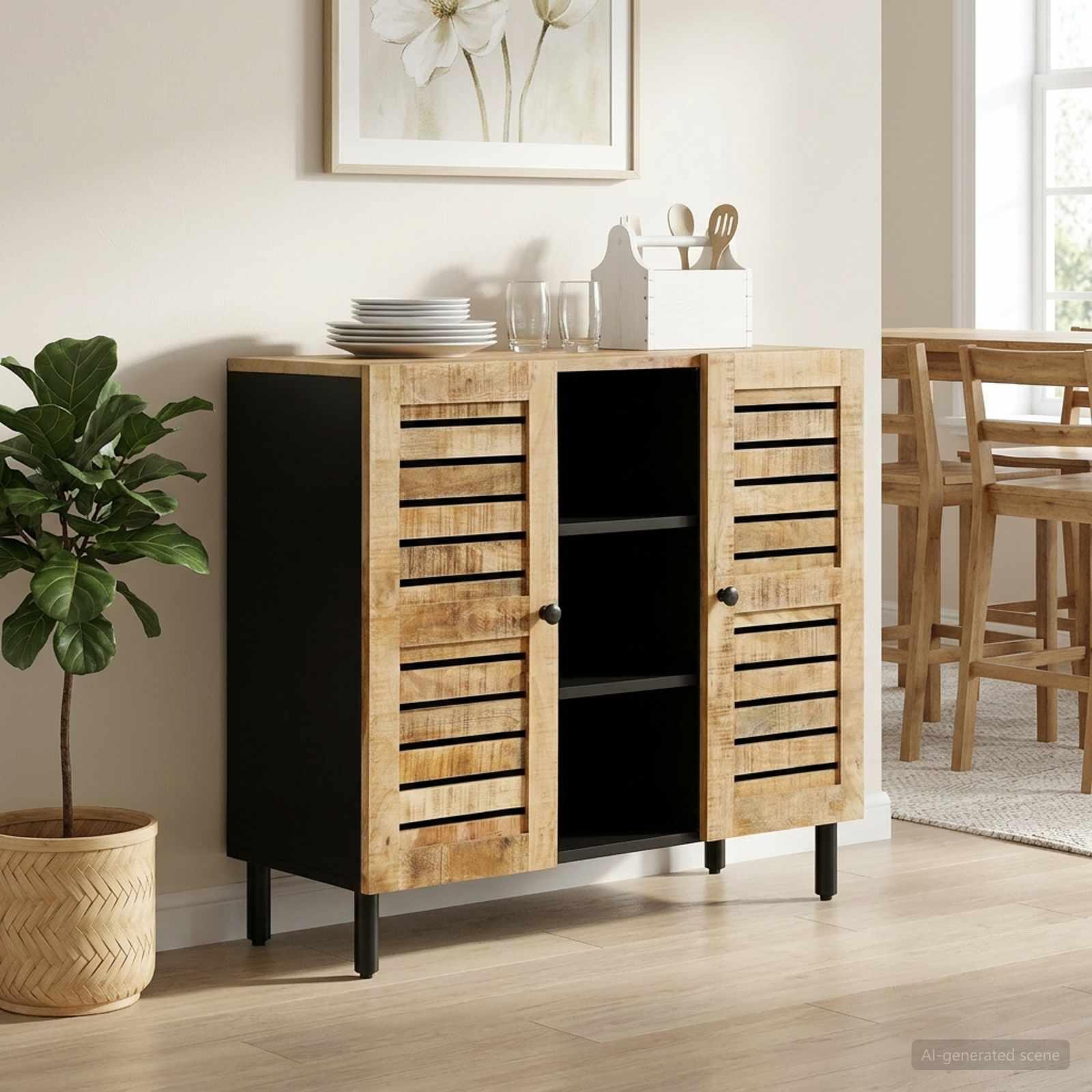 Opbevaringsskab i naturfarvet massivt mangotræ 90 x 33 x 75 cm