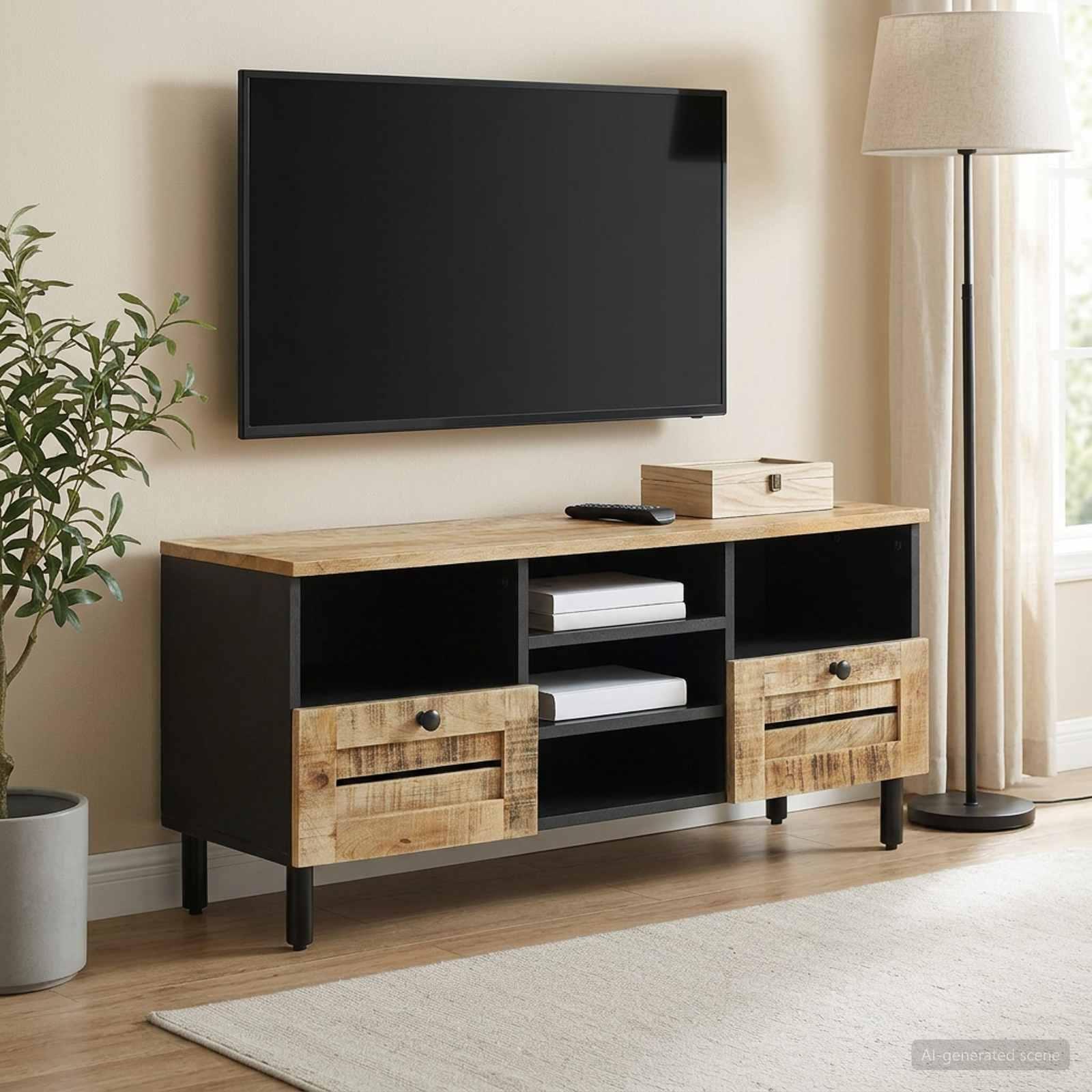 TV-bord med opbevaring i massivt mangotræ 100 x 33 x 46 cm naturfarvet billede