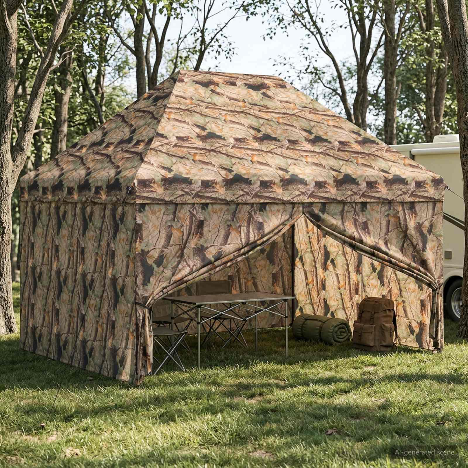 Pop-up skur med 4 sidevægge 3 x 4 m skov camouflage