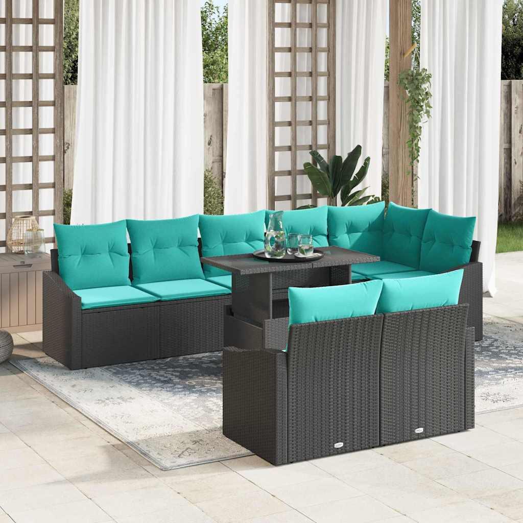 Havesofa sæt med puder 9 dele i sort polyrattan med blå puder billede