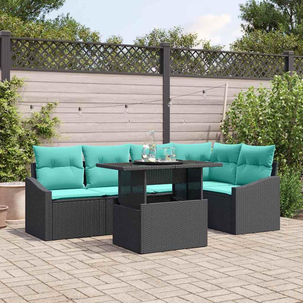 Havesofa sæt med puder 6 dele i sort polyrattan med blå puder billede
