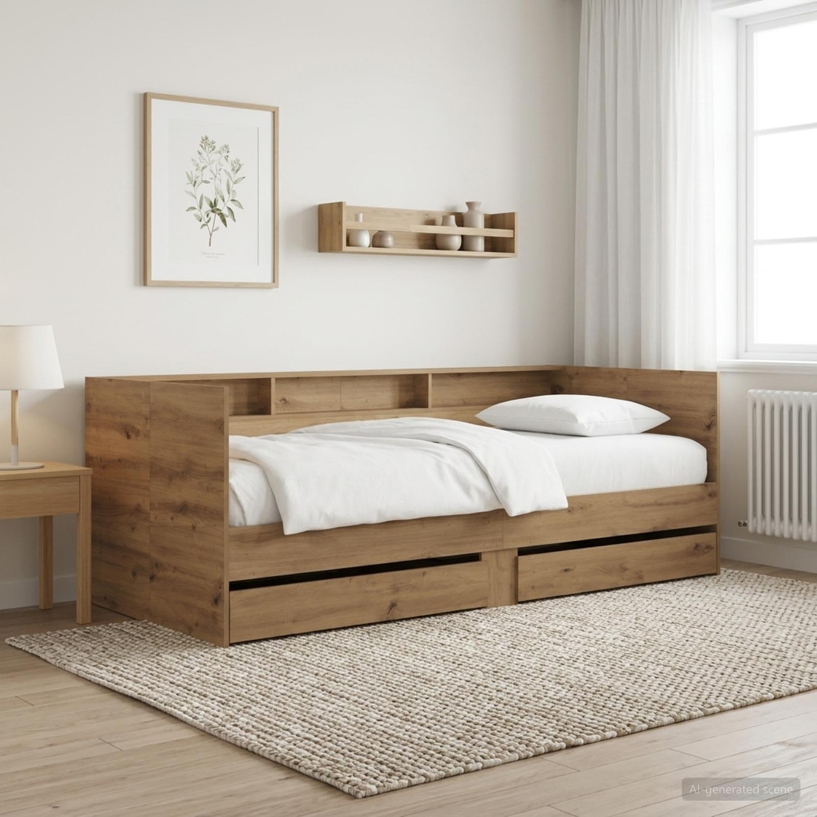 Daybed med skuffer og hylde i artisan-eg konstrueret træ billede