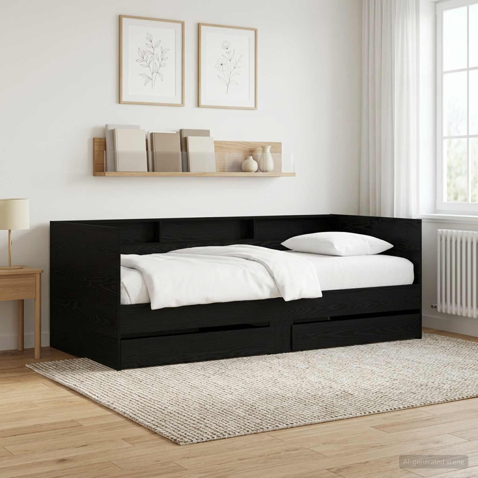 Daybed med 2 skuffer og hylde i sort eg konstrueret træ billede
