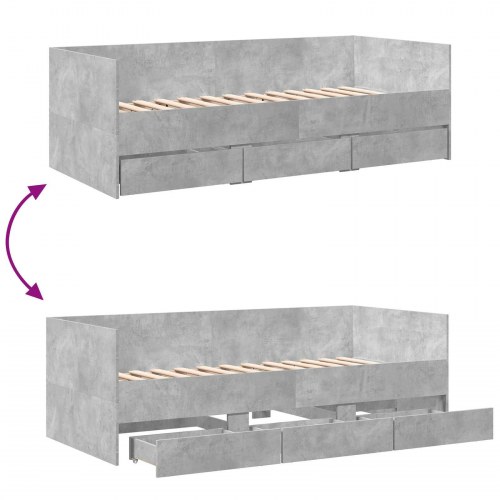 Daybed med 3 skuffer og hovedgærde i betongrå konstrueret træ