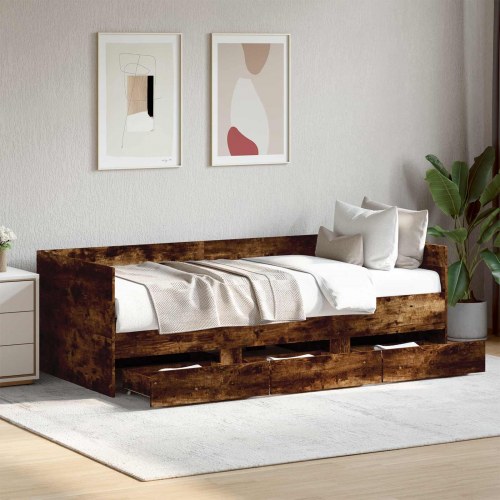 Daybed med 3 skuffer og hovedgærde i røget eg konstrueret træ