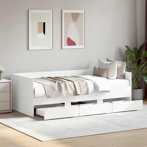 Daybed med 3 skuffer og hovedgærde i hvid konstrueret træ