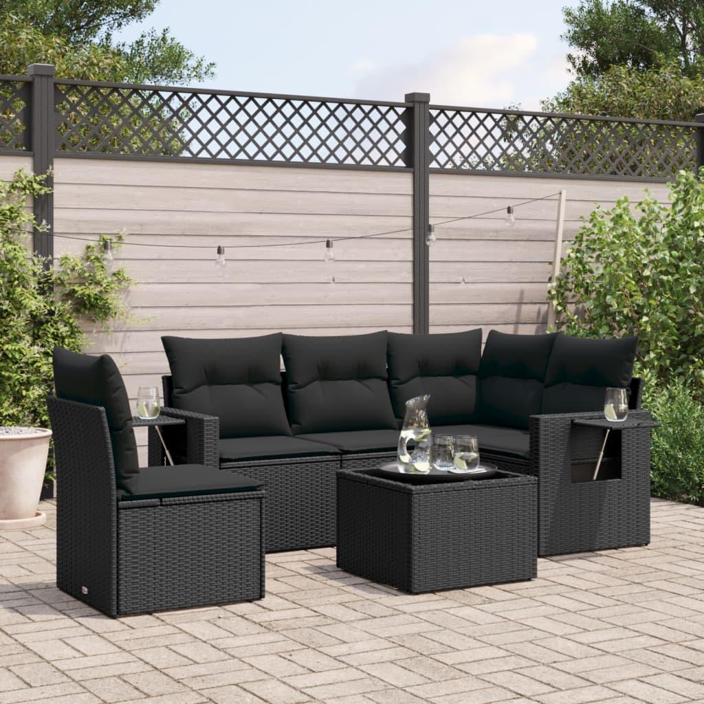 Havesofasæt i polyrattan - 6 dele med hynder, sort