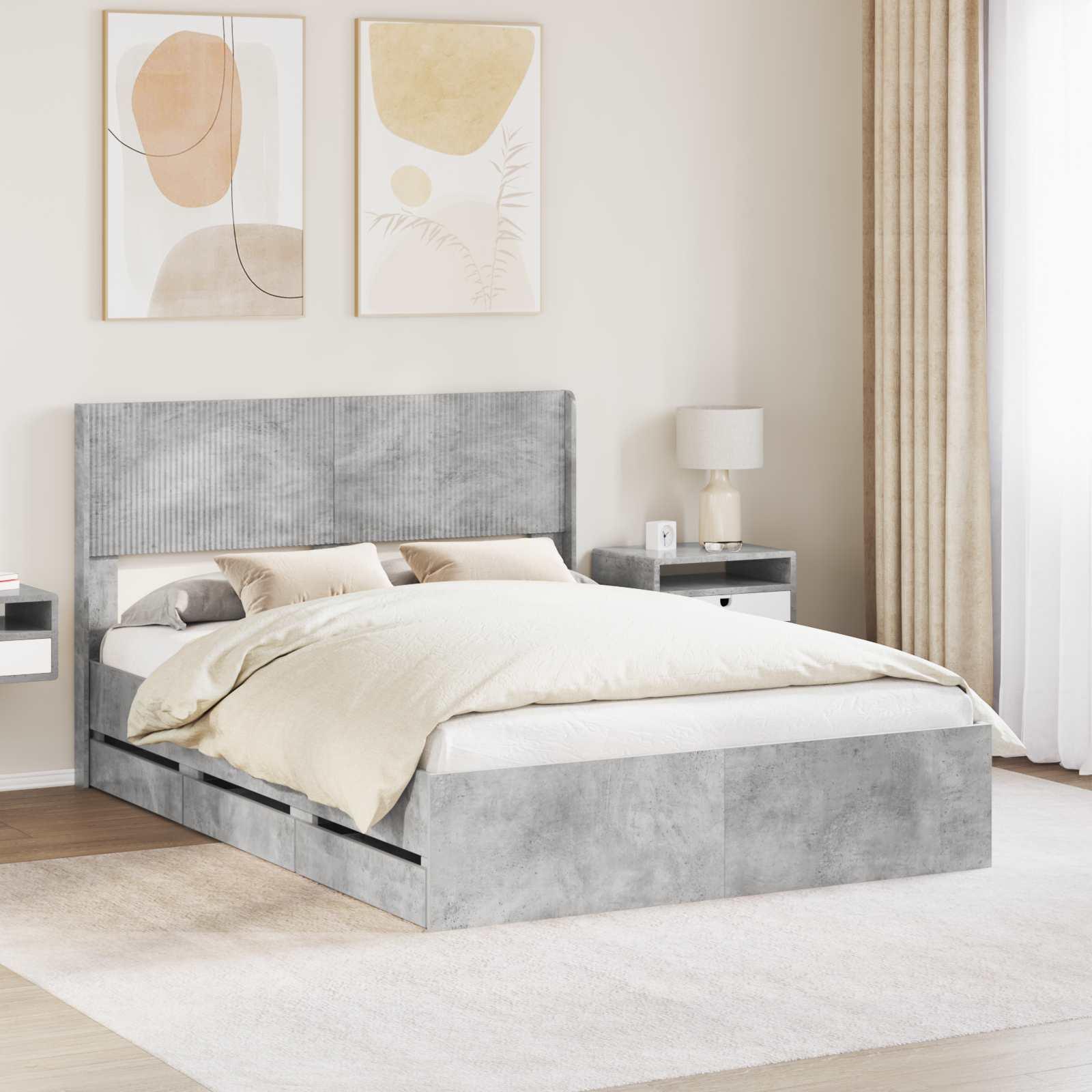 Sengestel med opbevaring og hovedgærde betongrå 135 x 190 cm billede