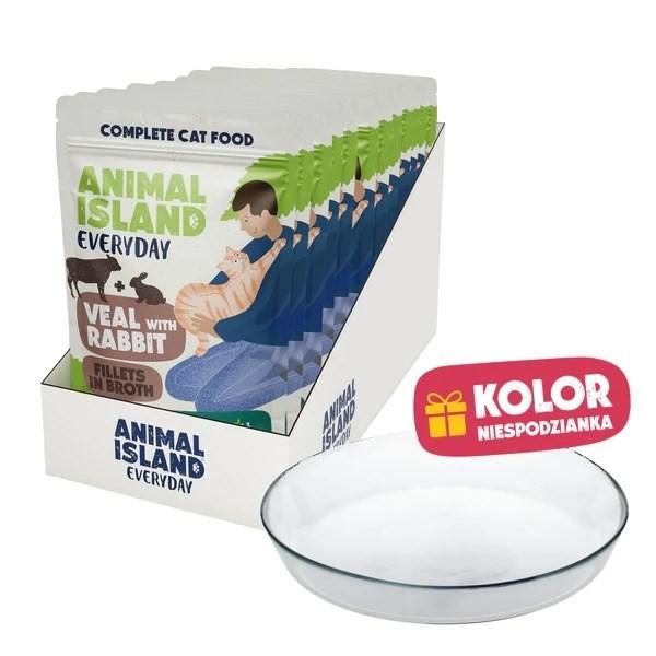 ANIMAL ISLAND Everyday vådfoder til kat med kalv og kanin i bouillon 12 x 85 g + gratis tallerken billede