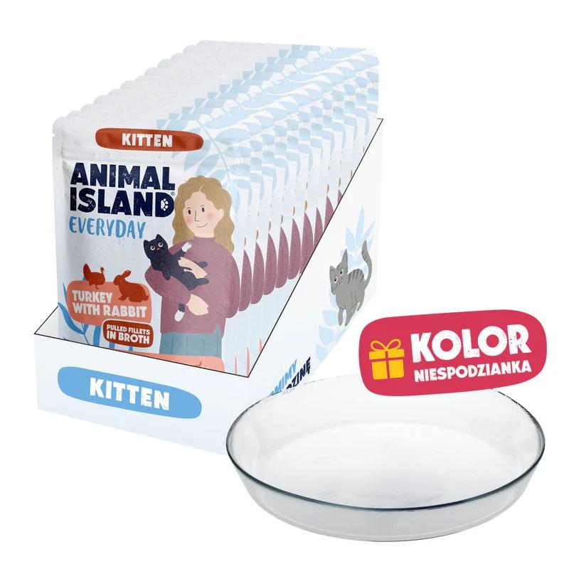 ANIMAL ISLAND Everyday Kitten kalkun og kanin i bouillon vådfoder til killing 12 x 85 g + gratis tallerken billede