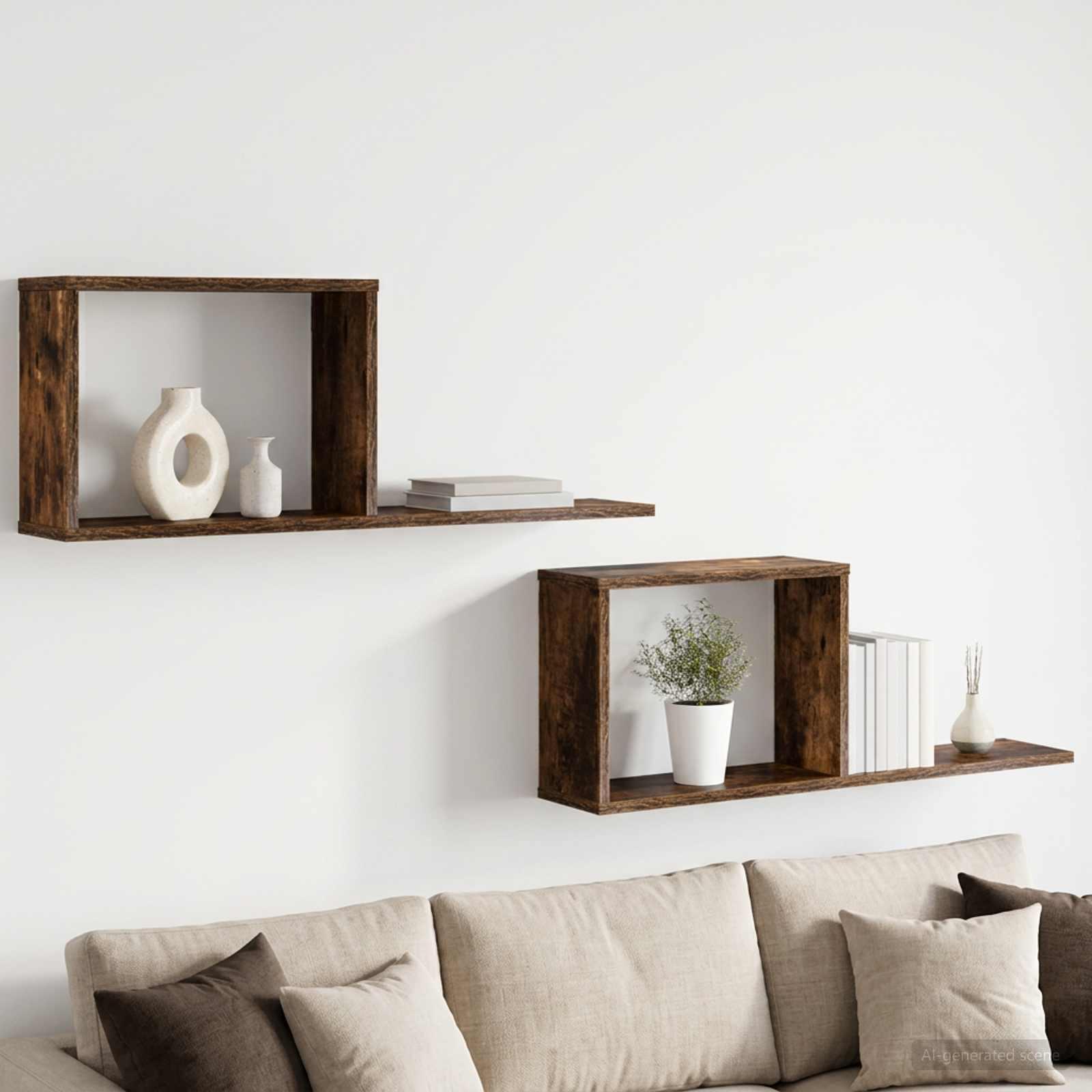 Svævehylder 2 stk i røget eg 80 x 15 x 30 cm væghylder i konstrueret træ
