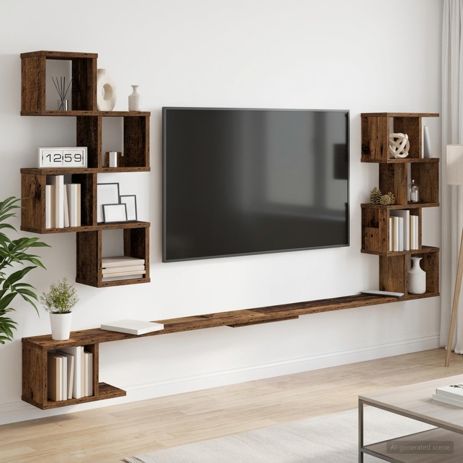 Væghængt TV-hylde i gammelt træ 160 x 15 x 94 cm billede