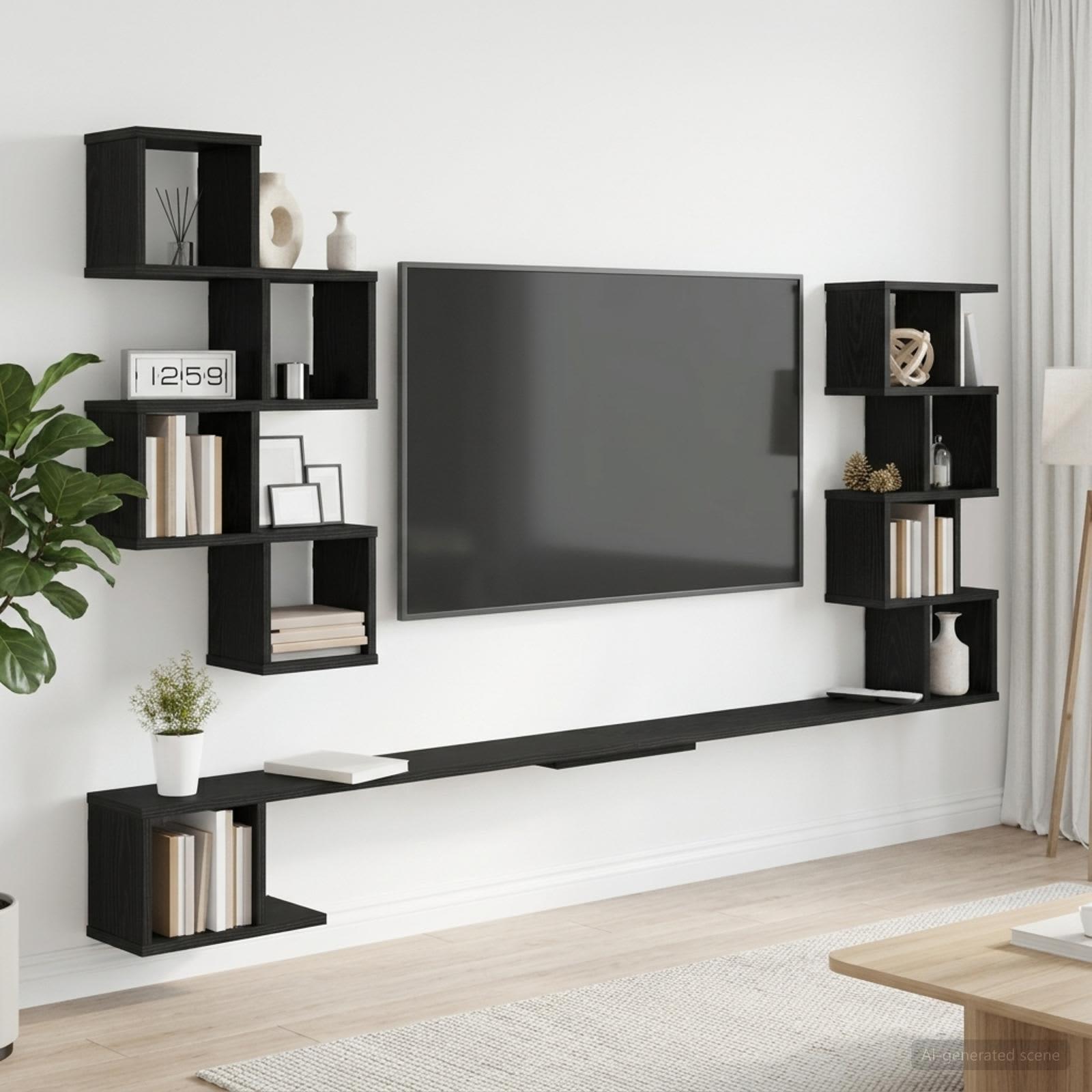Væghængt TV-hylde i sort eg 160 x 15 x 94 cm