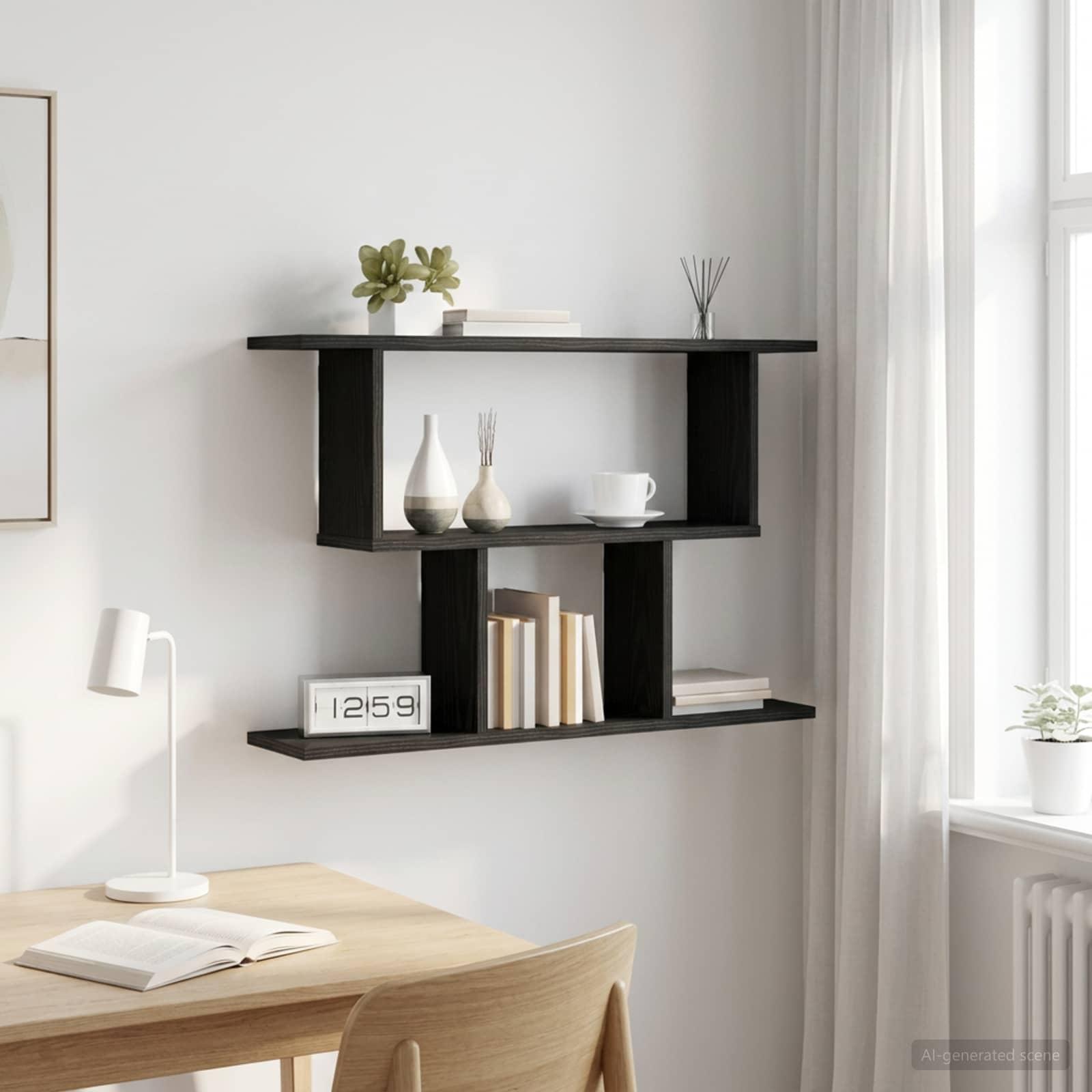 Væghylde i sort eg 80 x 15 x 50,5 cm - væghængt hylde med 4 rum billede