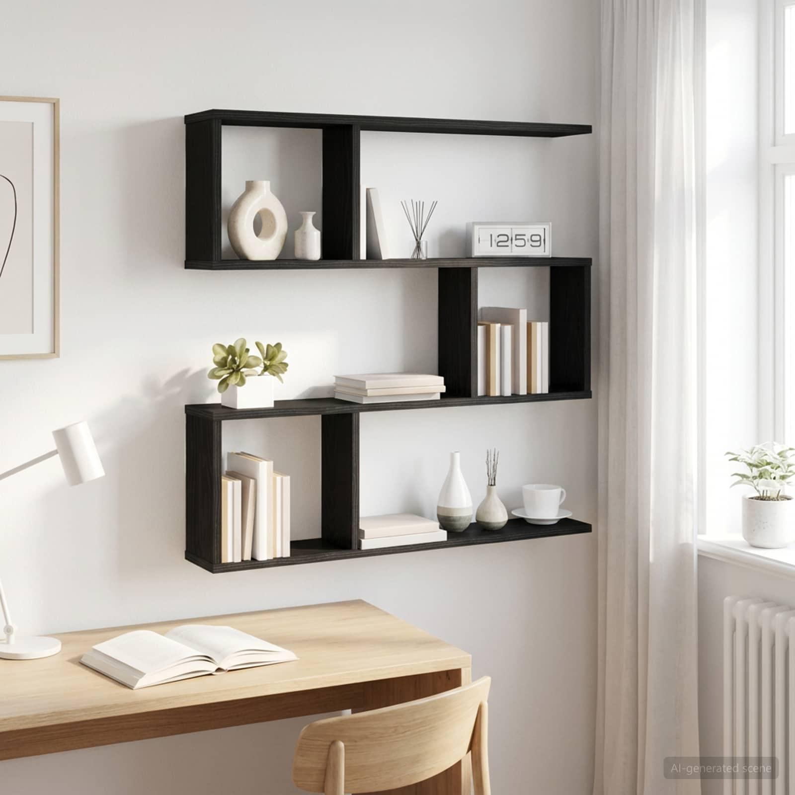 Væghylde i sort eg 80 x 12 x 79,5 cm - væghængt hylde i konstrueret træ billede