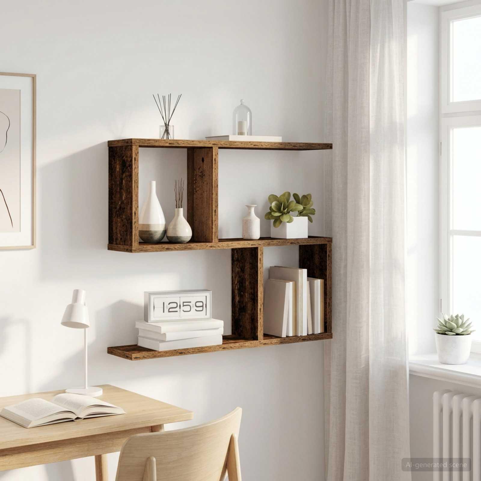 Væghylde i gammelt træ 60 x 12 x 50,5 cm - vægmonteret reol med 4 rum