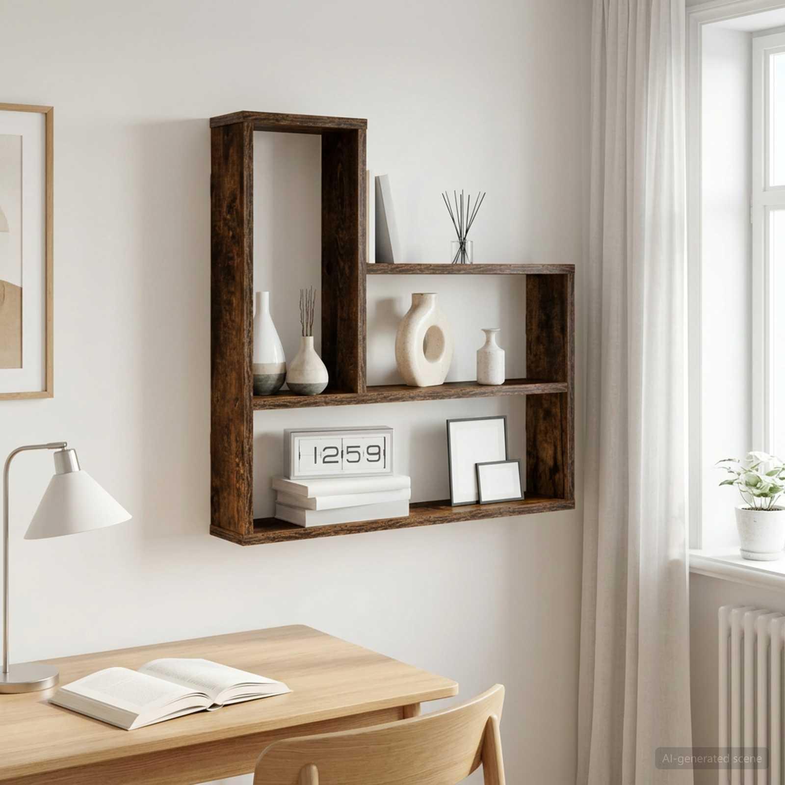 Væghylde i røget eg 60 x 11 x 60 cm i konstrueret træ billede