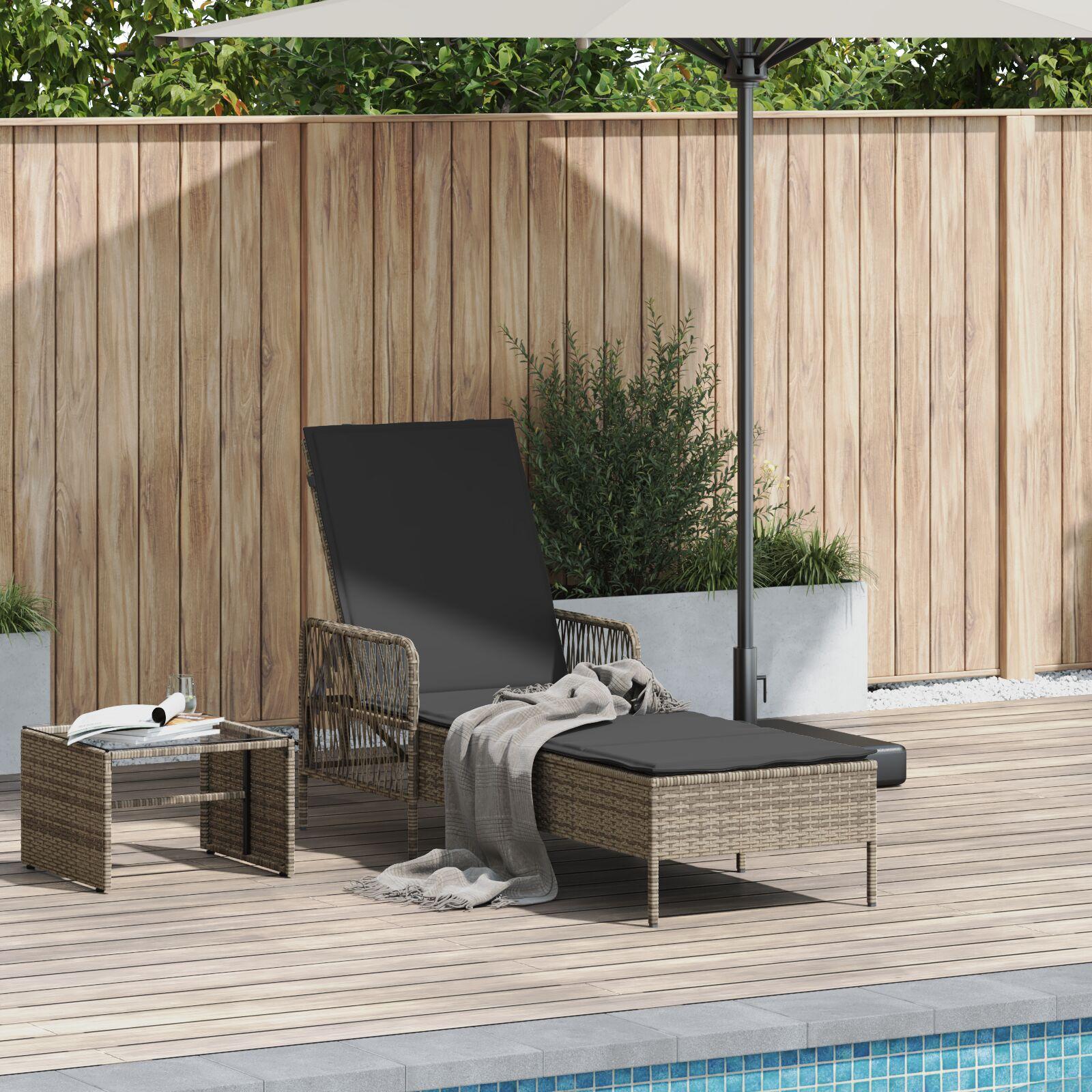 Solstol i polyrattan - grå/mørkegrå, 200 × 55 × 92 cm, justerbart ryglæn