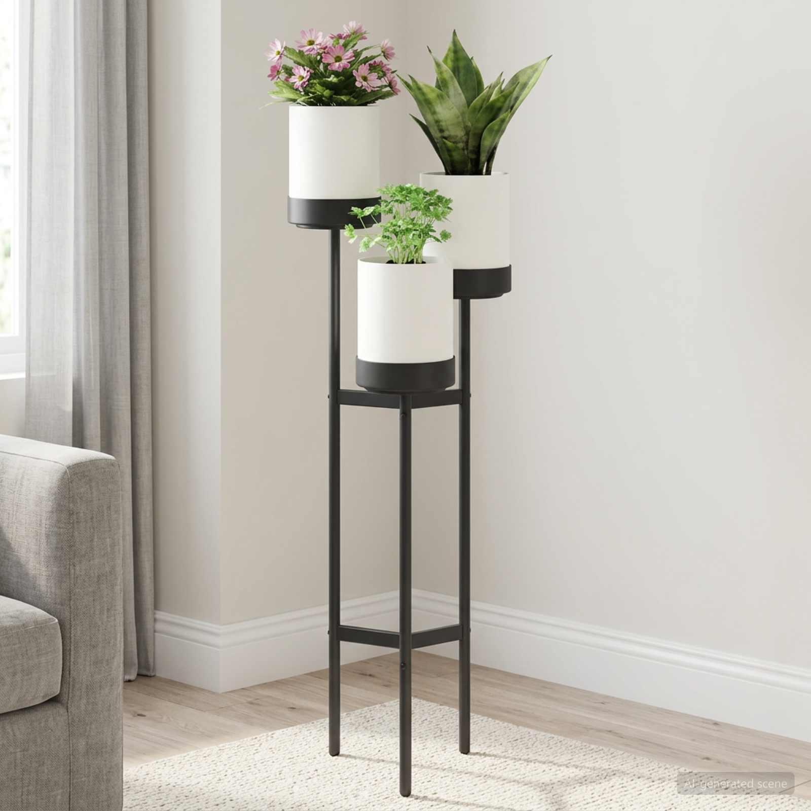 Blomstestativ med 3 planteholdere hvid 42 x 39,5 x 125 cm PP og stål